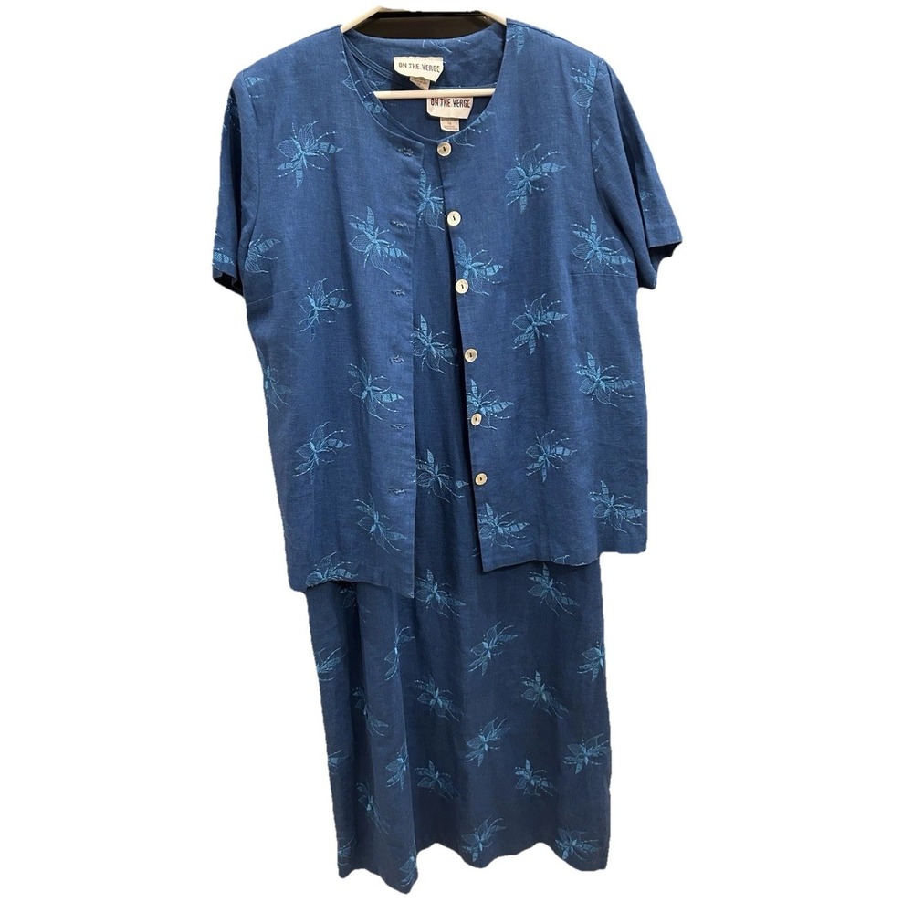 Vtg Linen Blend 2 Piece Sleeveless Dress And‎ Tunic Top Embroidered 14 Blue